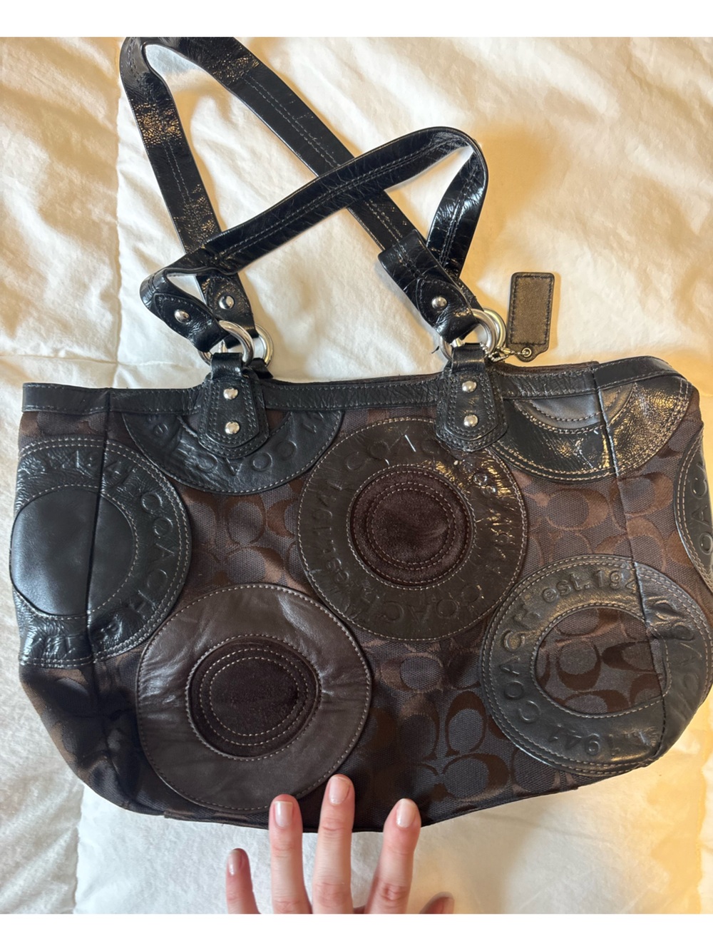 Coach Dark Brown Patchwork Logo Shoulder Bag